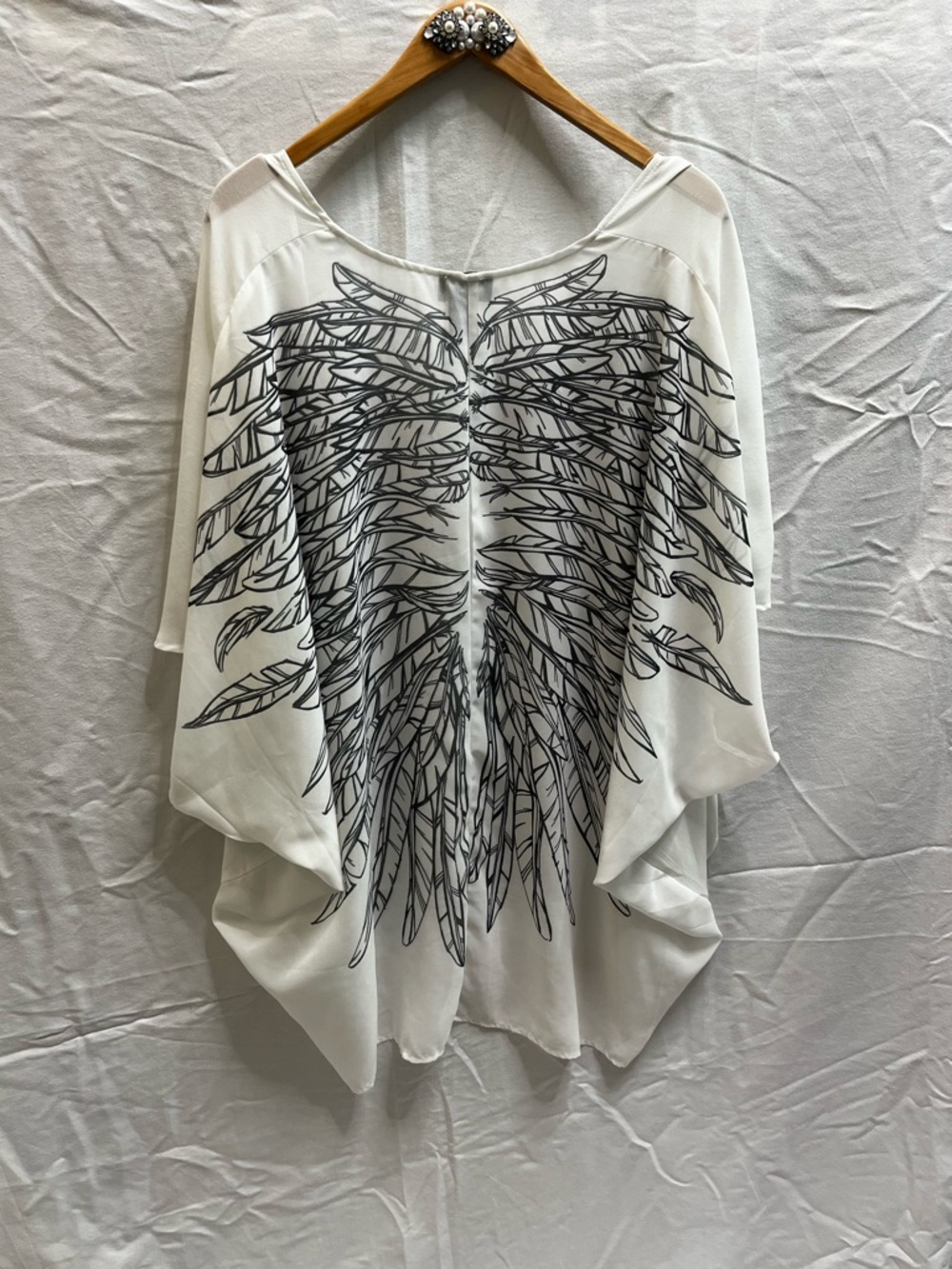 Angel Wings Sheer White Chiffon Open Front Sweater with Feather Print